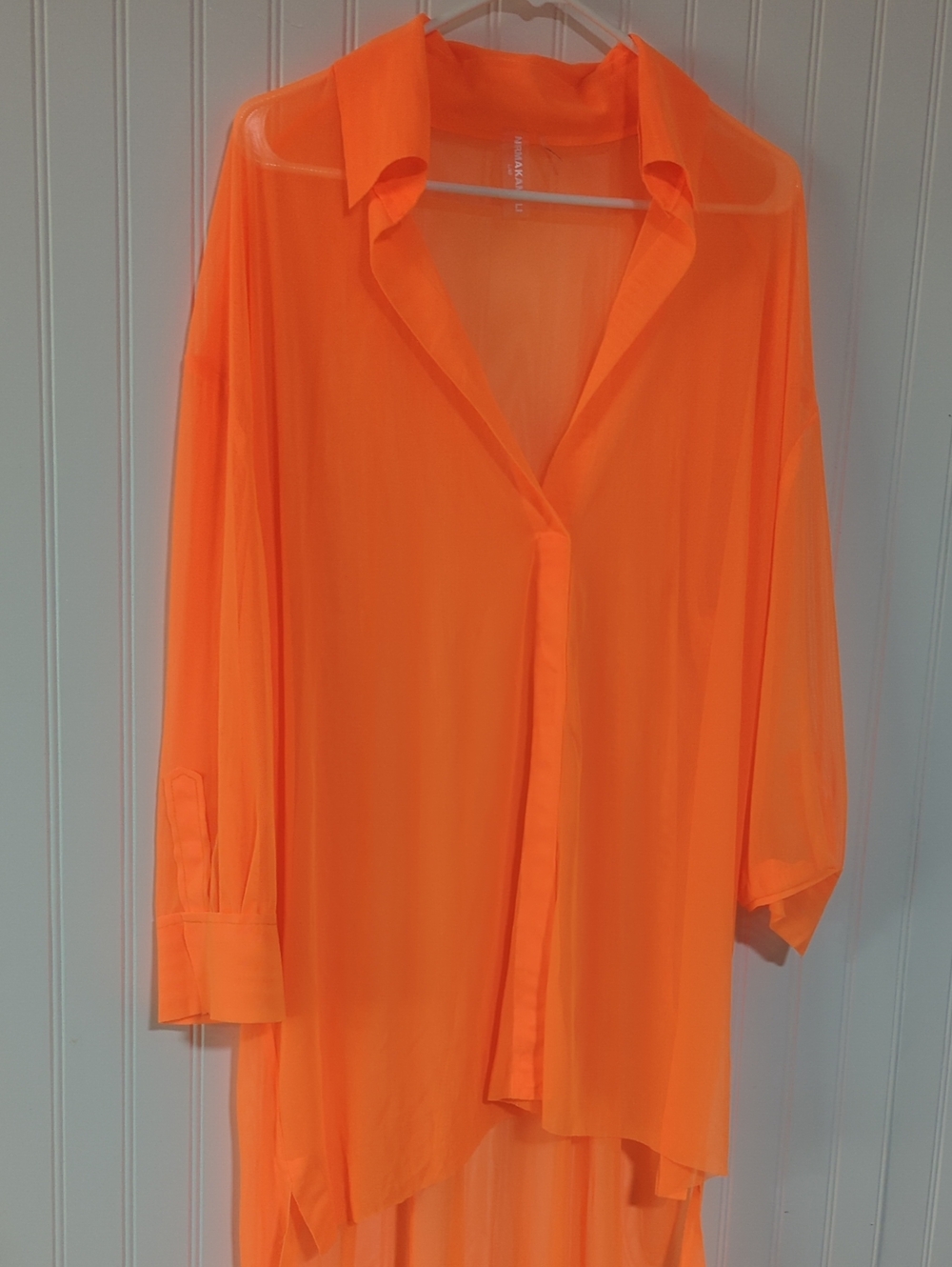 Norma Kamali Sheer Neon Orange High-Low Button-Down Shirt